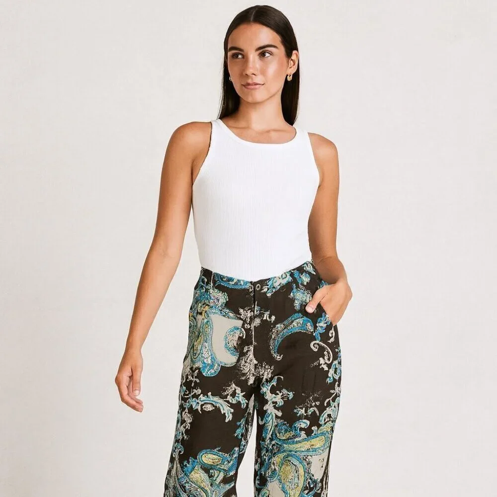 100% Silk Made in Italy Wide Leg Pants Multicolor Paisley Print Size 44  NWT